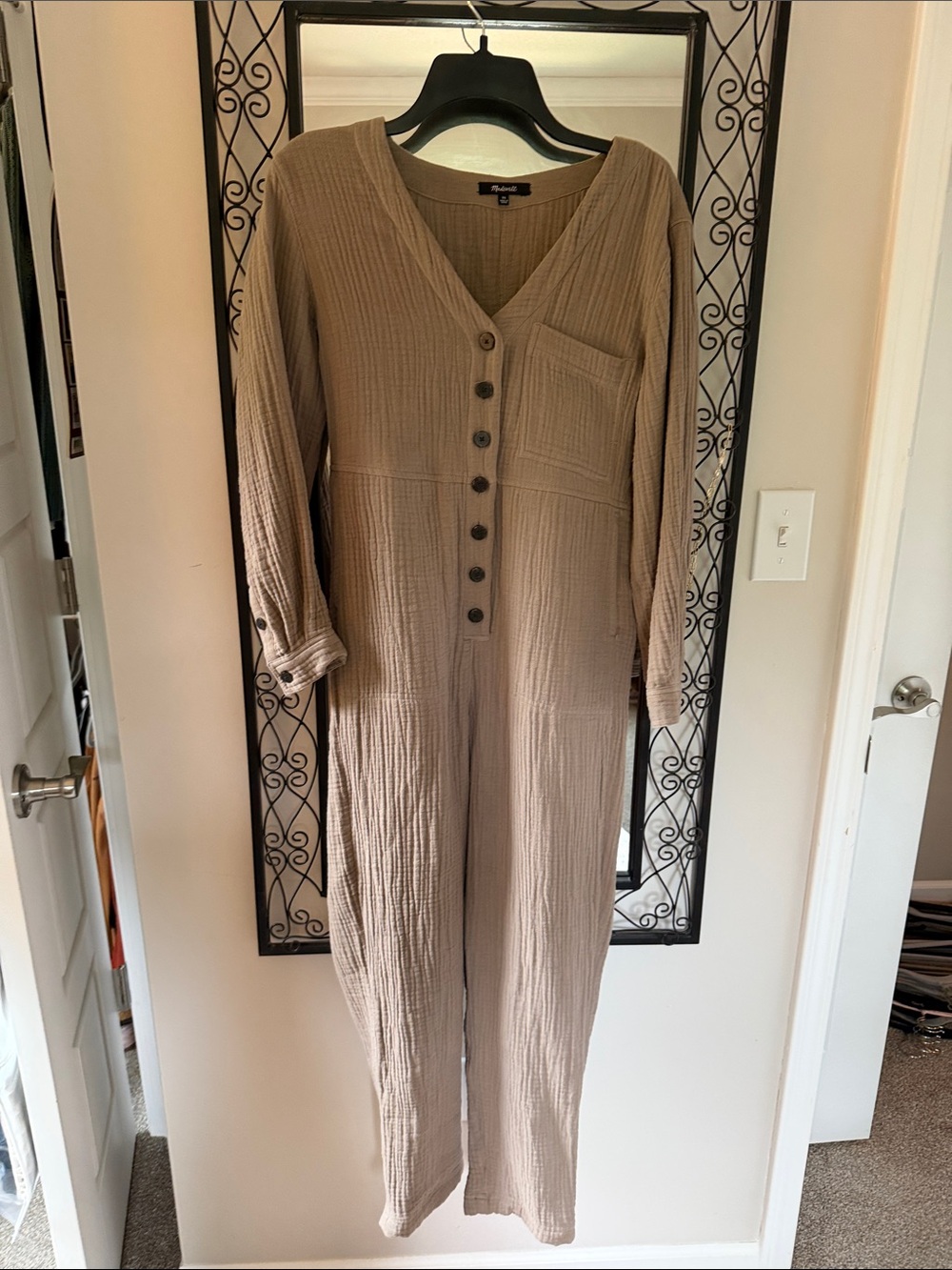 Madewell Long-Sleeve Button-Front Jumpsuit in Taupe